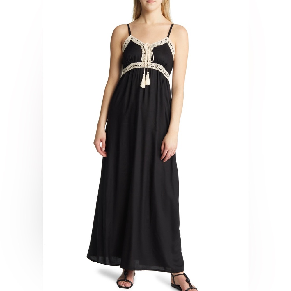 1.STATE Crochet Trim Maxi Dress in Rich Black size large NWT